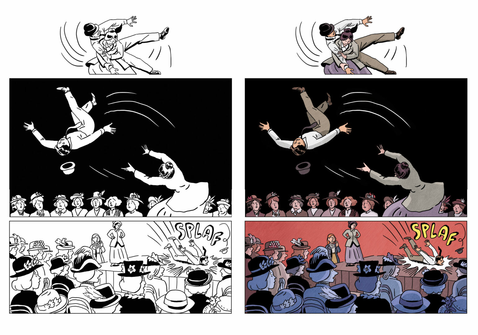 page mise en couleurs pour Jujitsuffragettes, les Amazones de Londres aux éditions Declourt, dessins de Lisa Lugrin, scénario de Clément Xavier