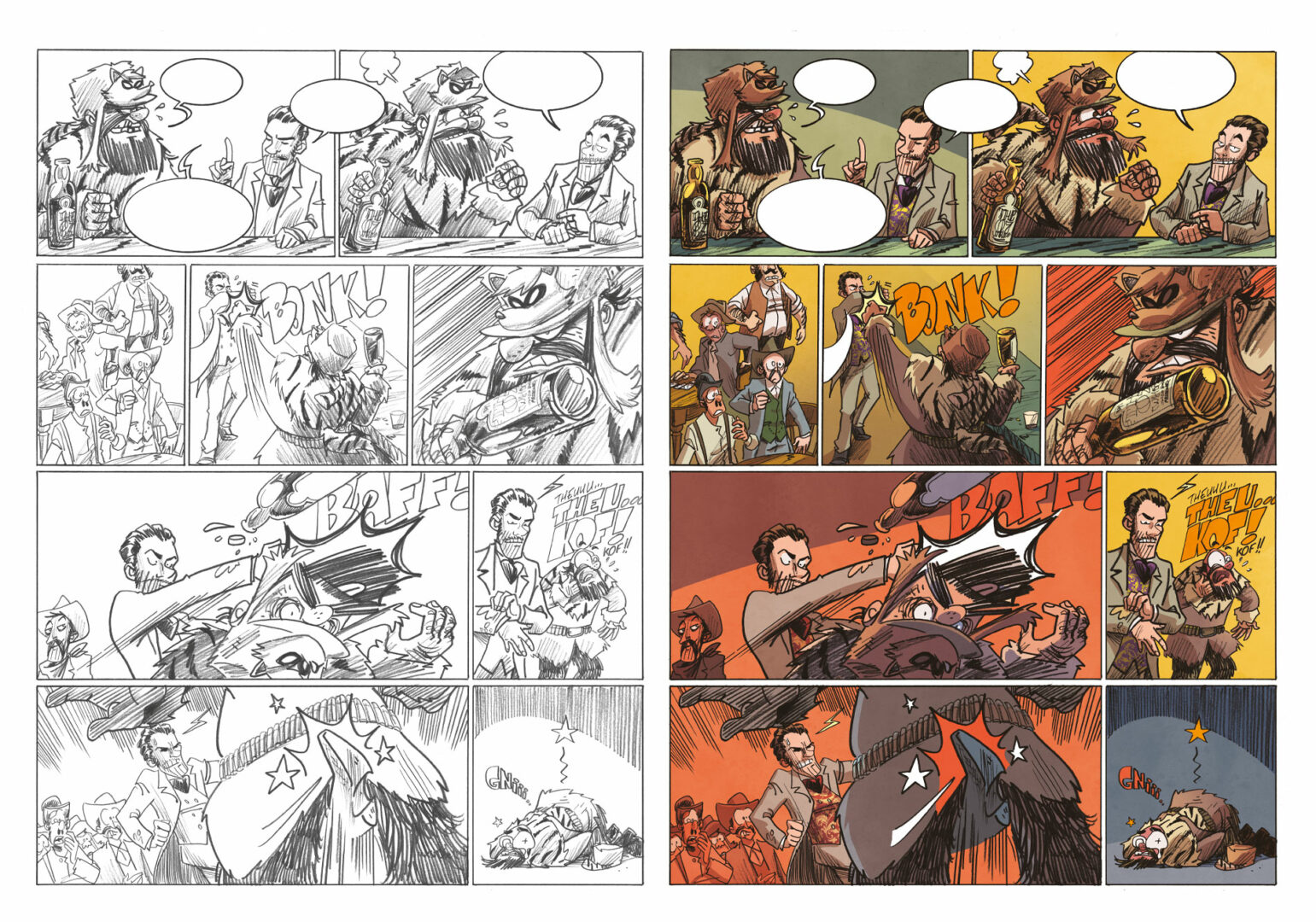 Planche en couleurs extraite de l'album Woodrow tome 1 de Courty, West et Ralenti, aux éditions Kennes, 2023