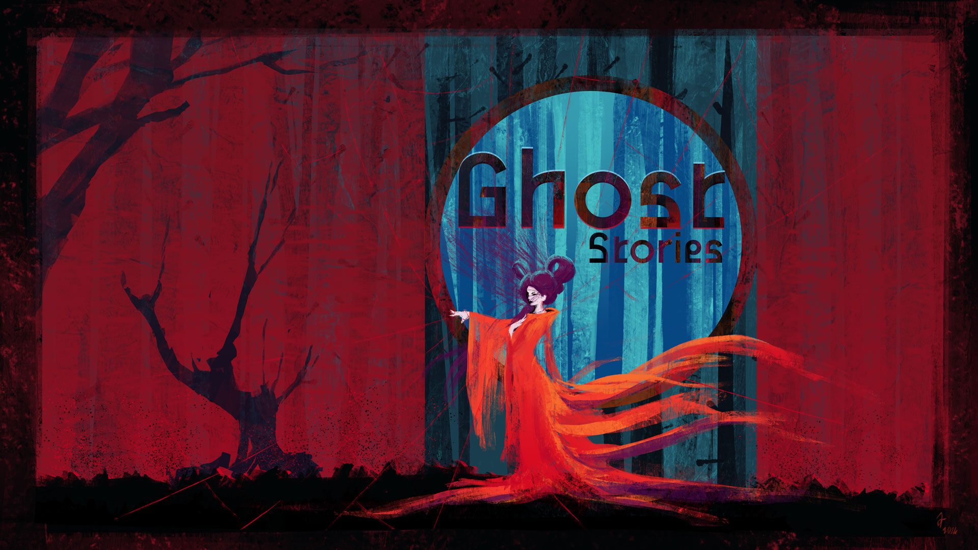 Illustration (Digital painting) made by Albertine Ralenti, inspired by Ghost Stories, a boardgame by Antoine Bauza. It represents a ghost woman in a dark and red place.