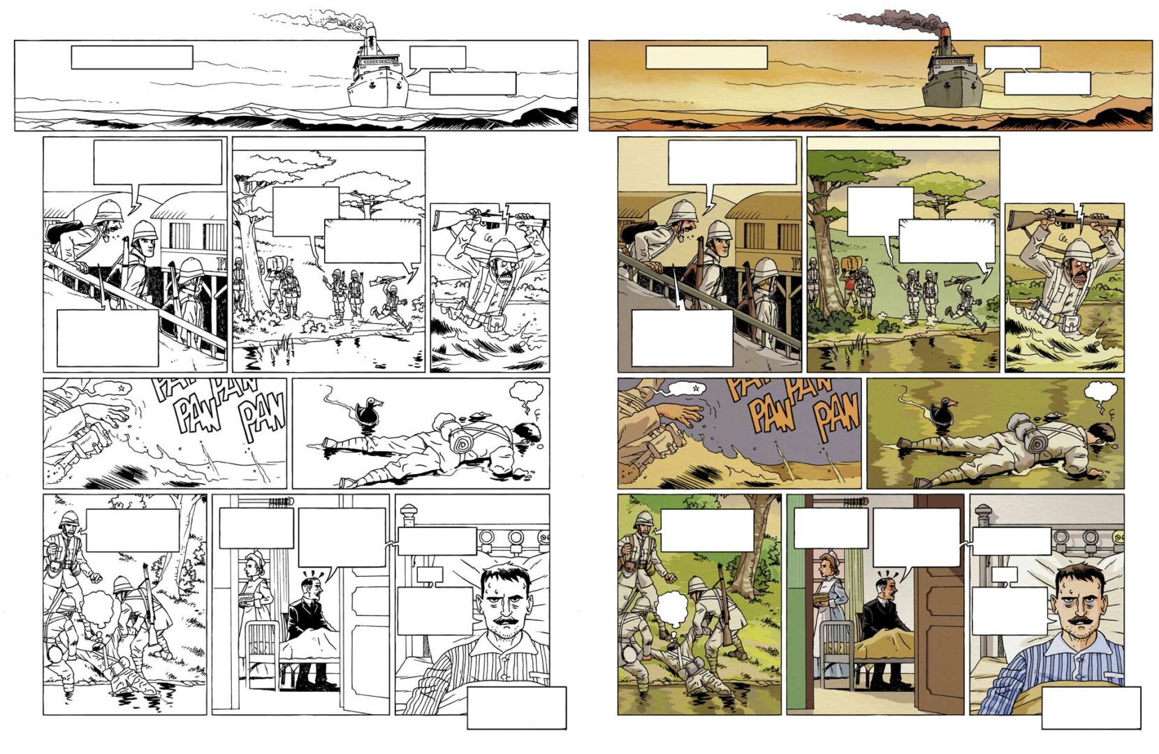 Planche en couleurs extraite de l'album Le Petit théâtre des opérations tome 5 de Hervieux et Monsieur le Chien, édité chez Fluide Glacial