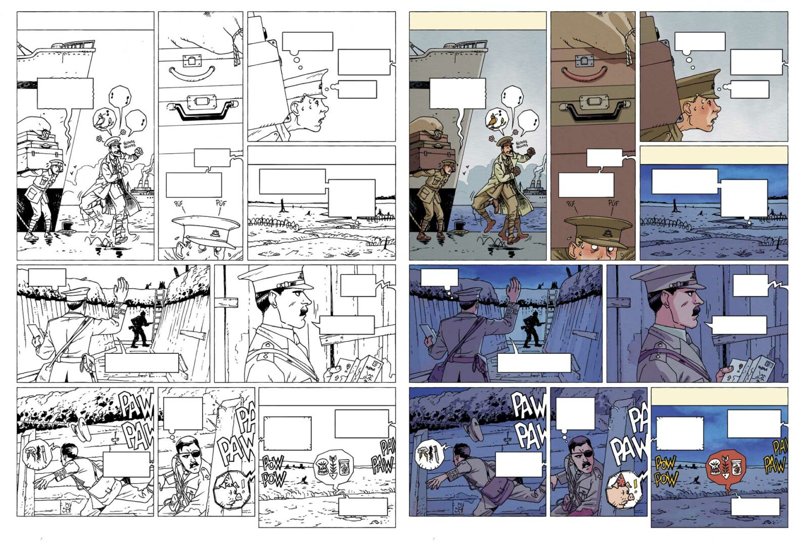 Planche en couleurs extraite de l'album Le Petit théâtre des opérations tome 5 de Hervieux et Monsieur le Chien, édité chez Fluide Glacial