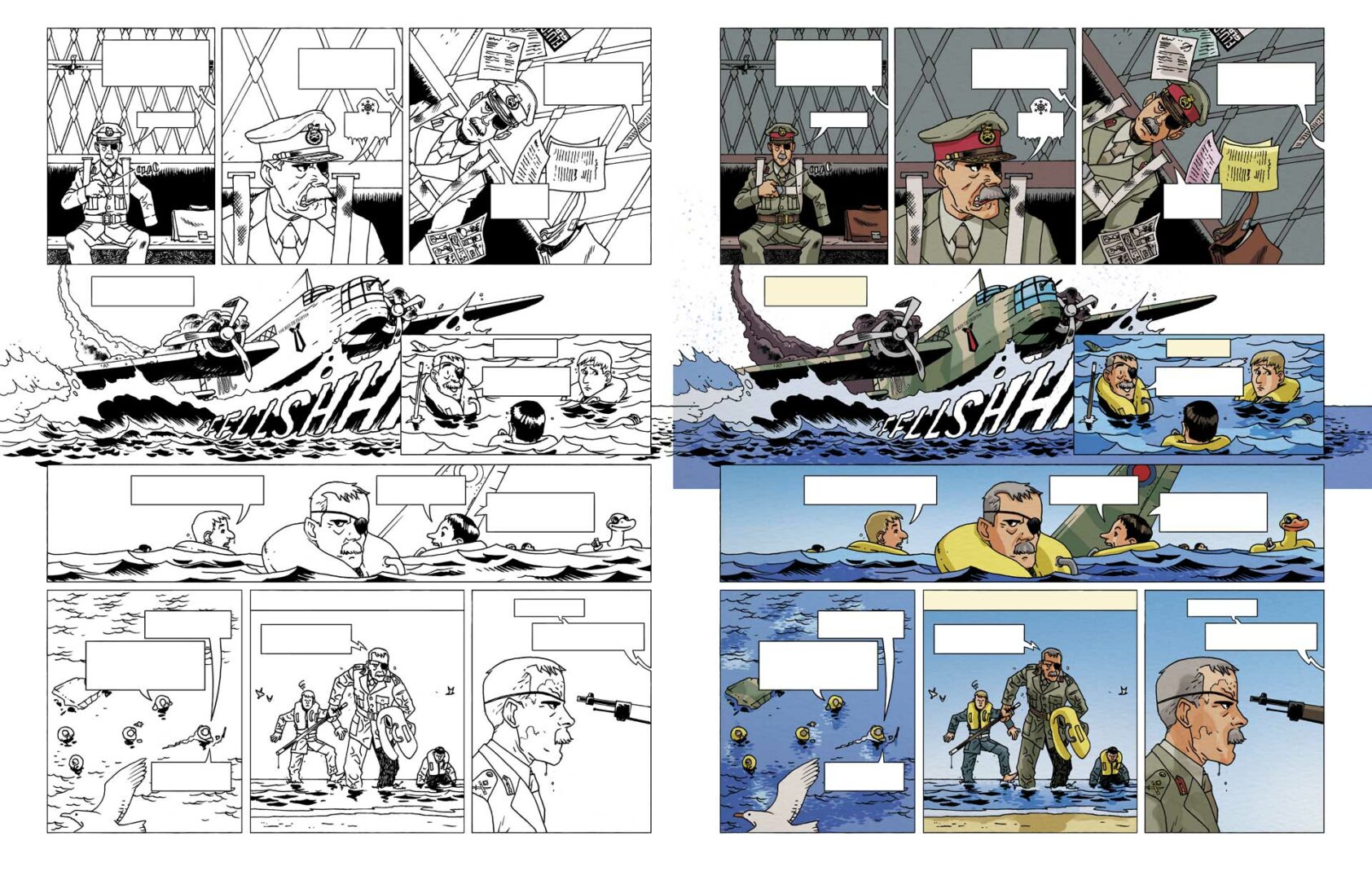 Planche en couleurs extraite de l'album Le Petit théâtre des opérations tome 5 de Hervieux et Monsieur le Chien, édité chez Fluide Glacial