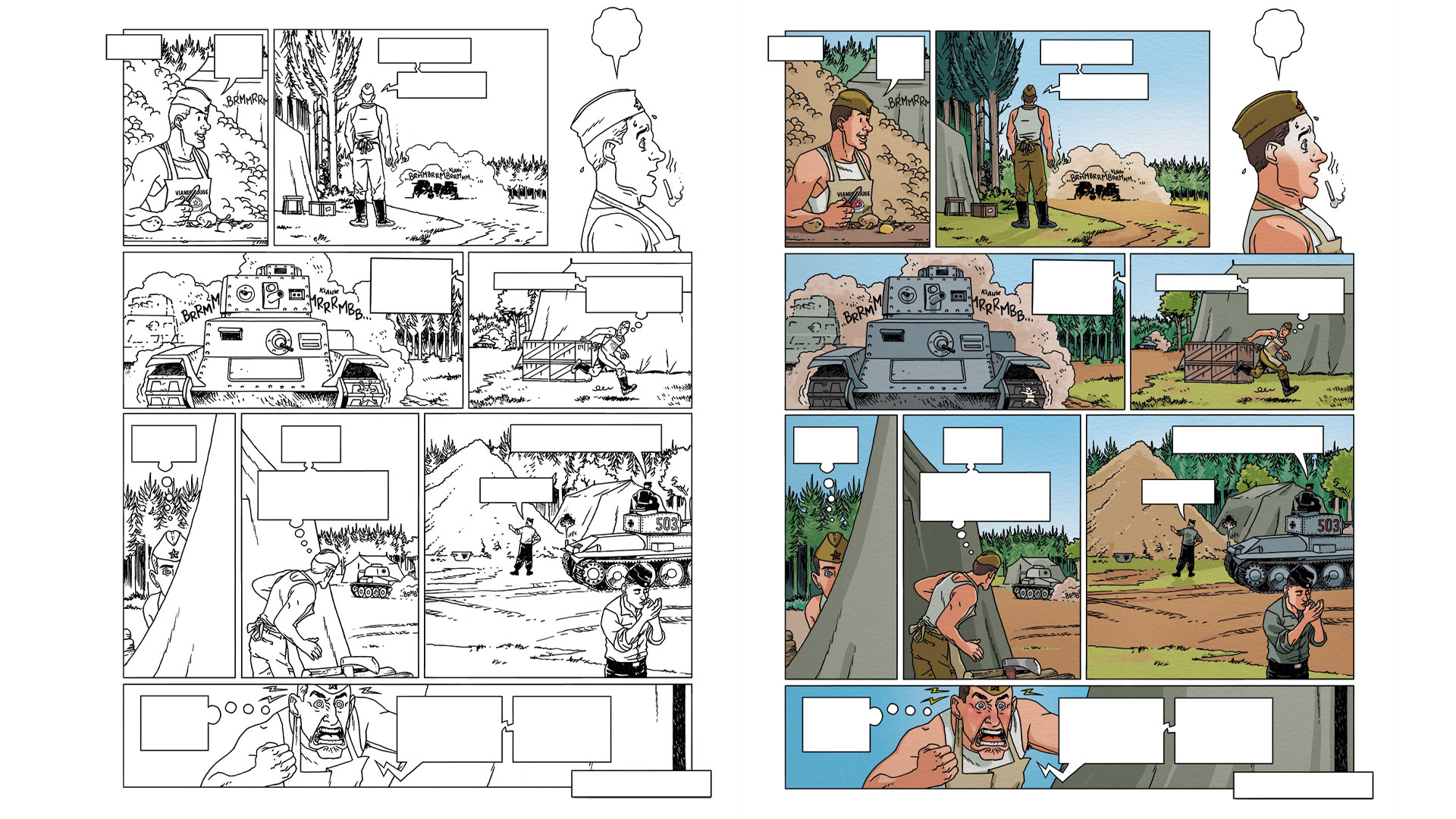 Planche en couleurs extraite de l'album Le Petit théâtre des opérations tome 6 de Hervieux, Monsieur le Chien et Albertine Ralenti, édité chez Fluide Glacial