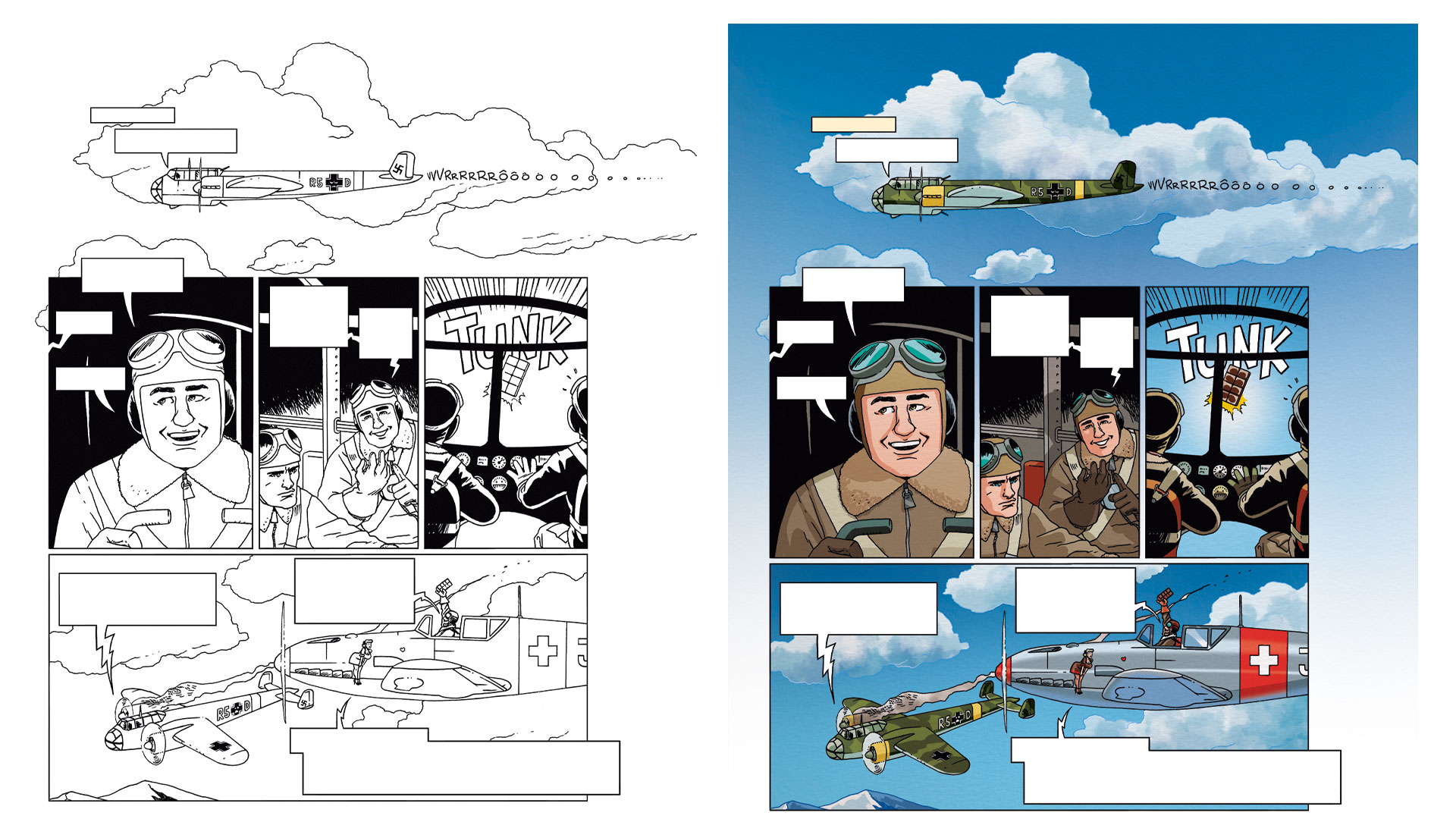 Planche en couleurs extraite de l'album Le Petit théâtre des opérations tome 6 de Hervieux, Monsieur le Chien et Albertine Ralenti, édité chez Fluide Glacial