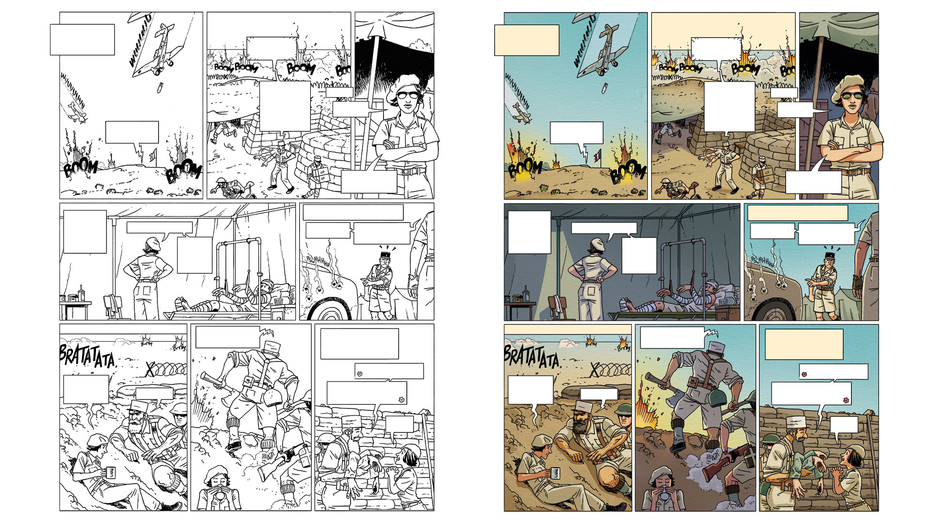 Planche en couleurs extraite de l'album Le Petit théâtre des opérations tome 6 de Hervieux, Monsieur le Chien et Albertine Ralenti, édité chez Fluide Glacial