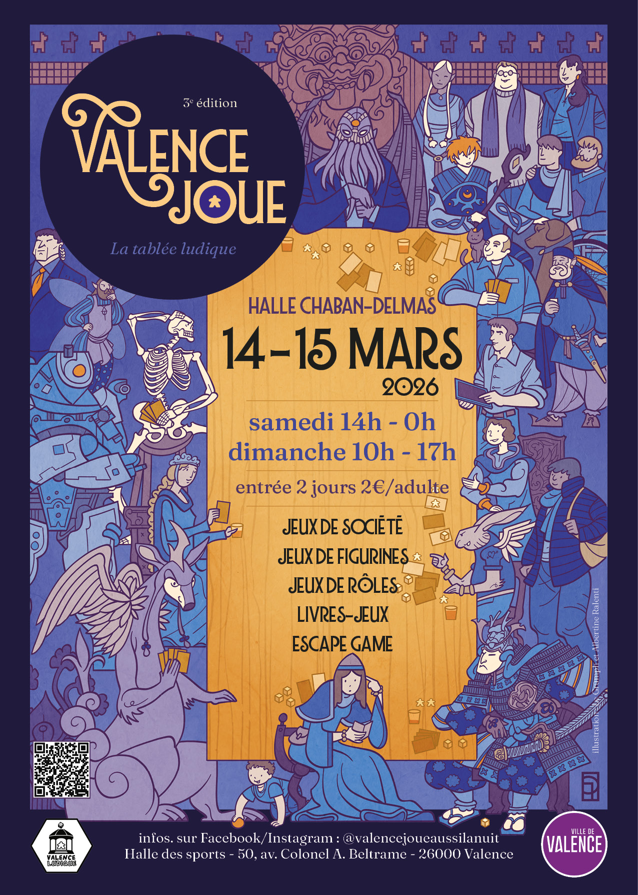 affiche du festival de jeux de société "Valence joue" 2026 dessin Le Grümph couleurs et maquette Albertine Ralenti
